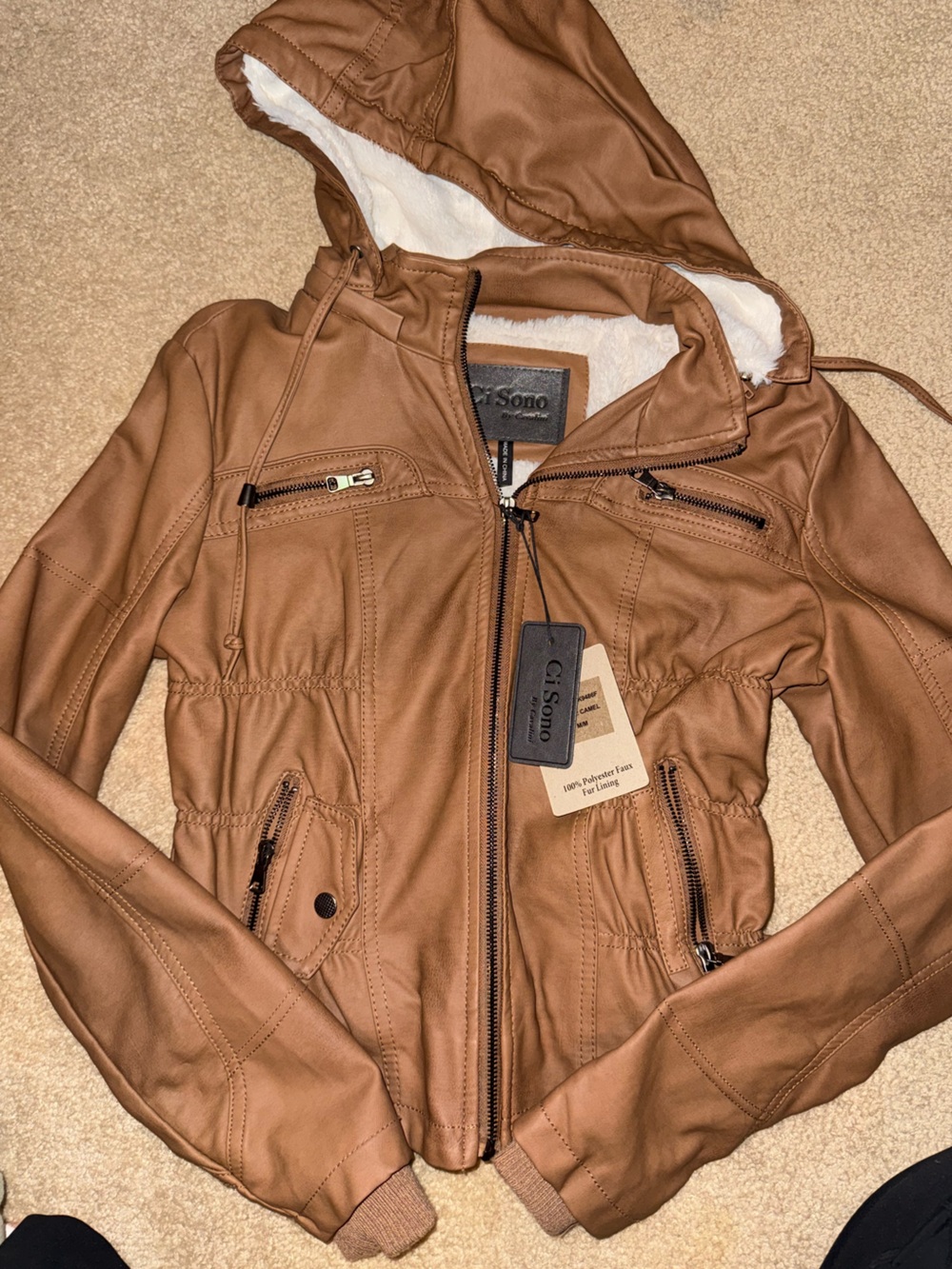 Ci Sono Brown Faux Leather Hooded Jacket with Sherpa Lining